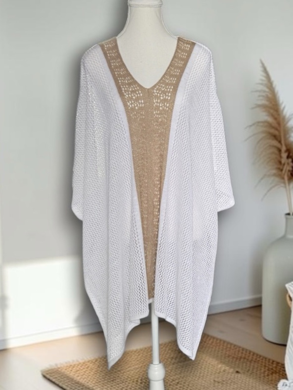 Venus Open Knit Swim Cover Up V Neck White Tan S/M Boho Poncho